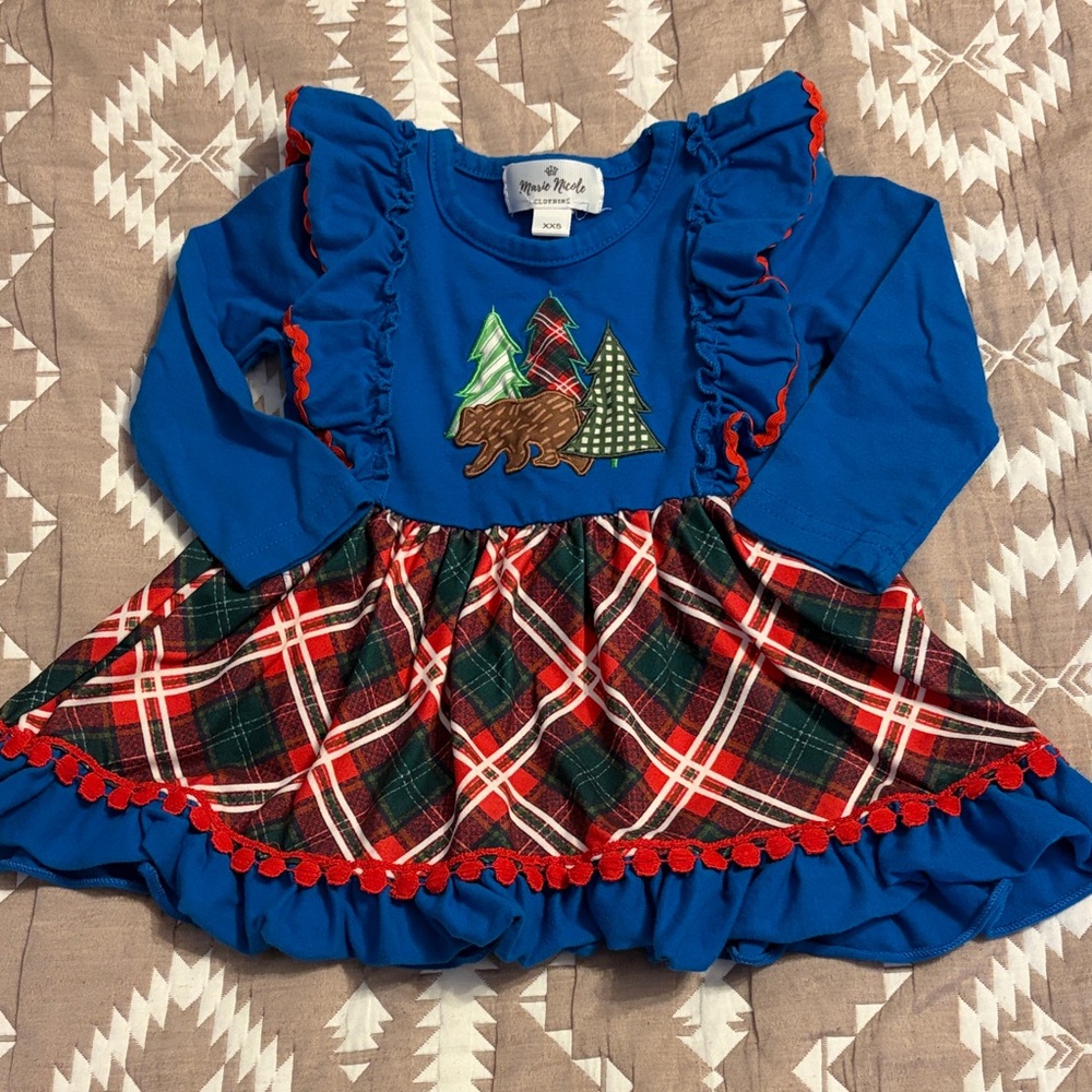 Blue Plaid Kids Dress with Bear Design